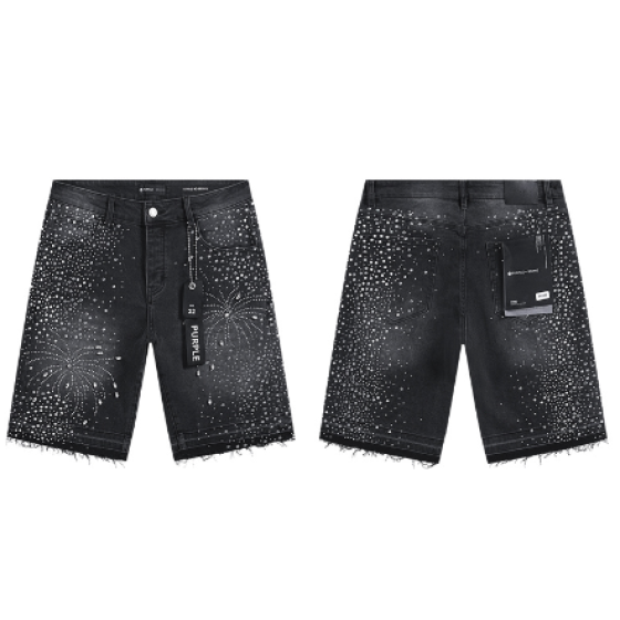 Black Washed Denim Shorts with Rhinestone Firework Pattern